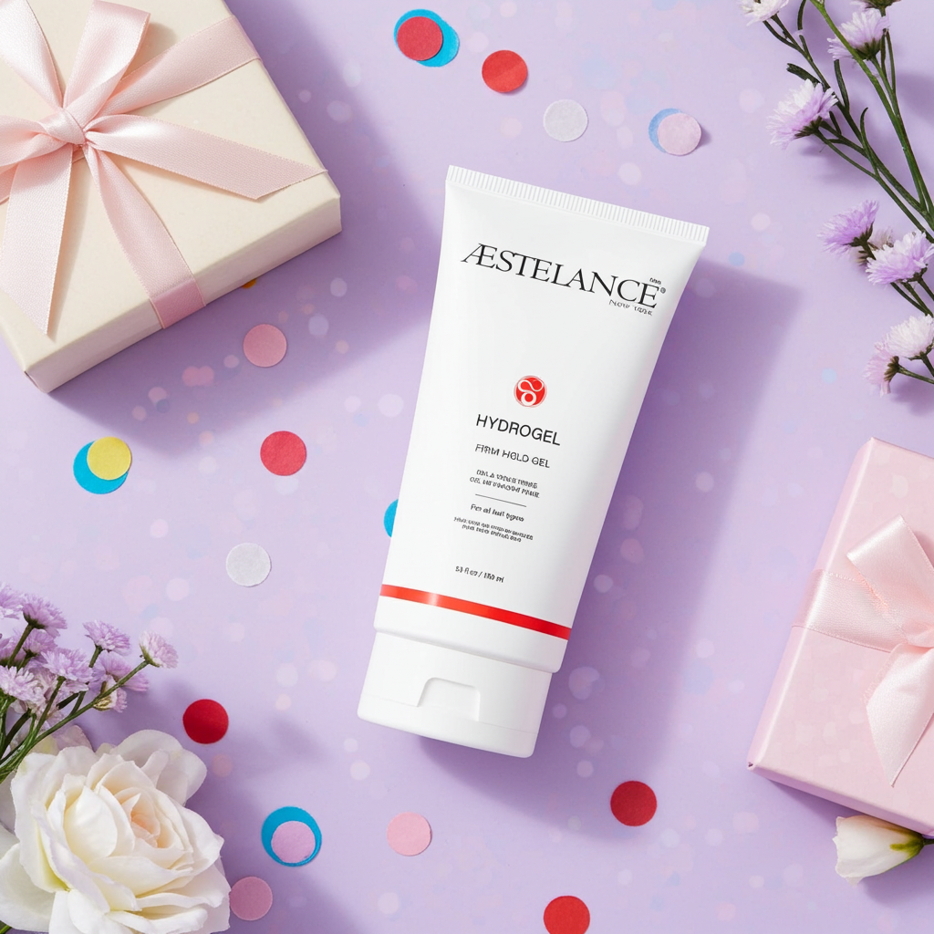 Aestelance Hydrogel tube on a purple background with flowers and gift boxes.