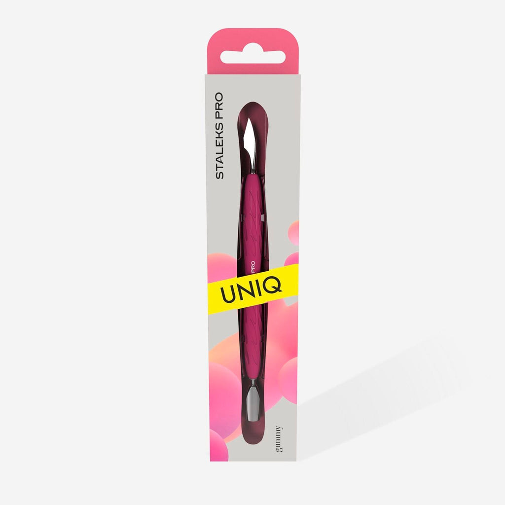 Staleks Pro UNIQ 10 TYPE 3 Gummy Manicure Pusher with Silicone Handle Narrow Rounded Pusher + Hatchet PQ-10/3