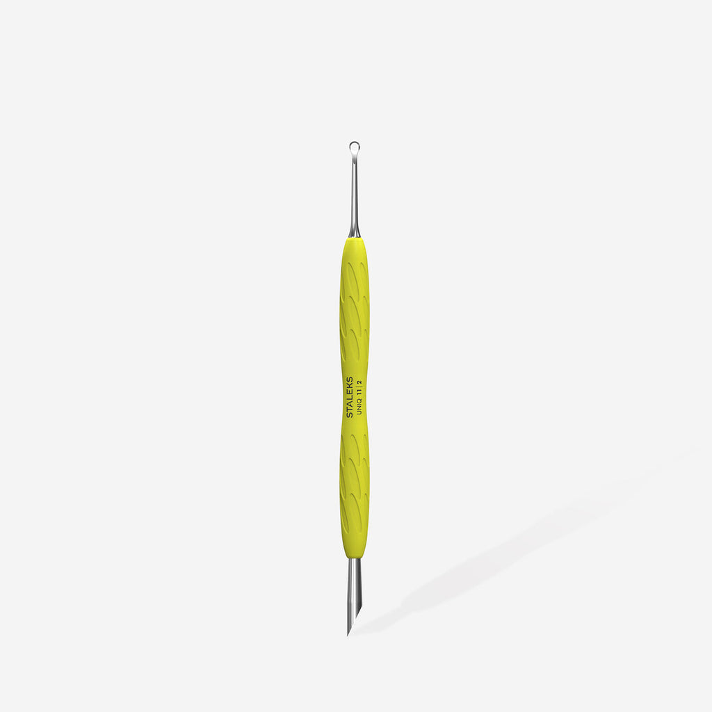 Staleks Pro UNIQ 11 TYPE 2 Gummy with Yellow Manicure Pusher with Yellow Silicone Handle Slanted Pusher + Ring PQ-11/2